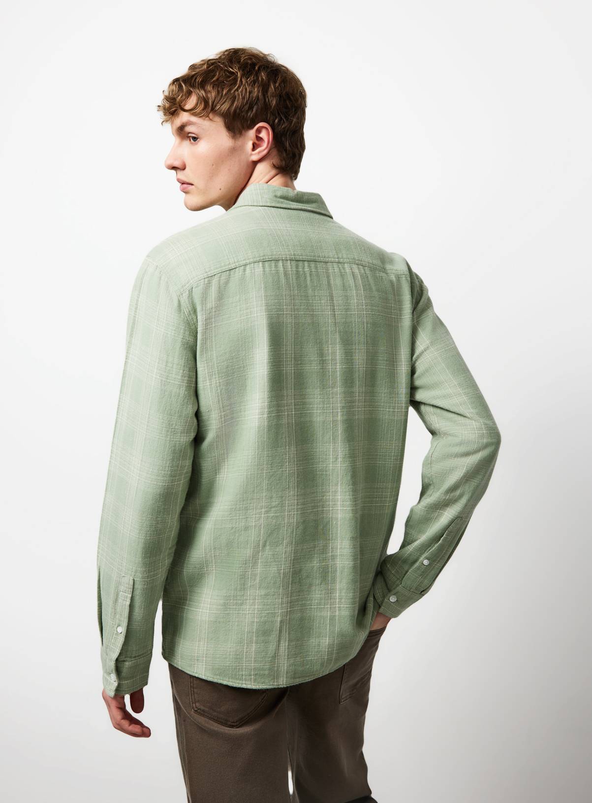 Green Checked Brushed Long Sleeve Shirt S - Image 5